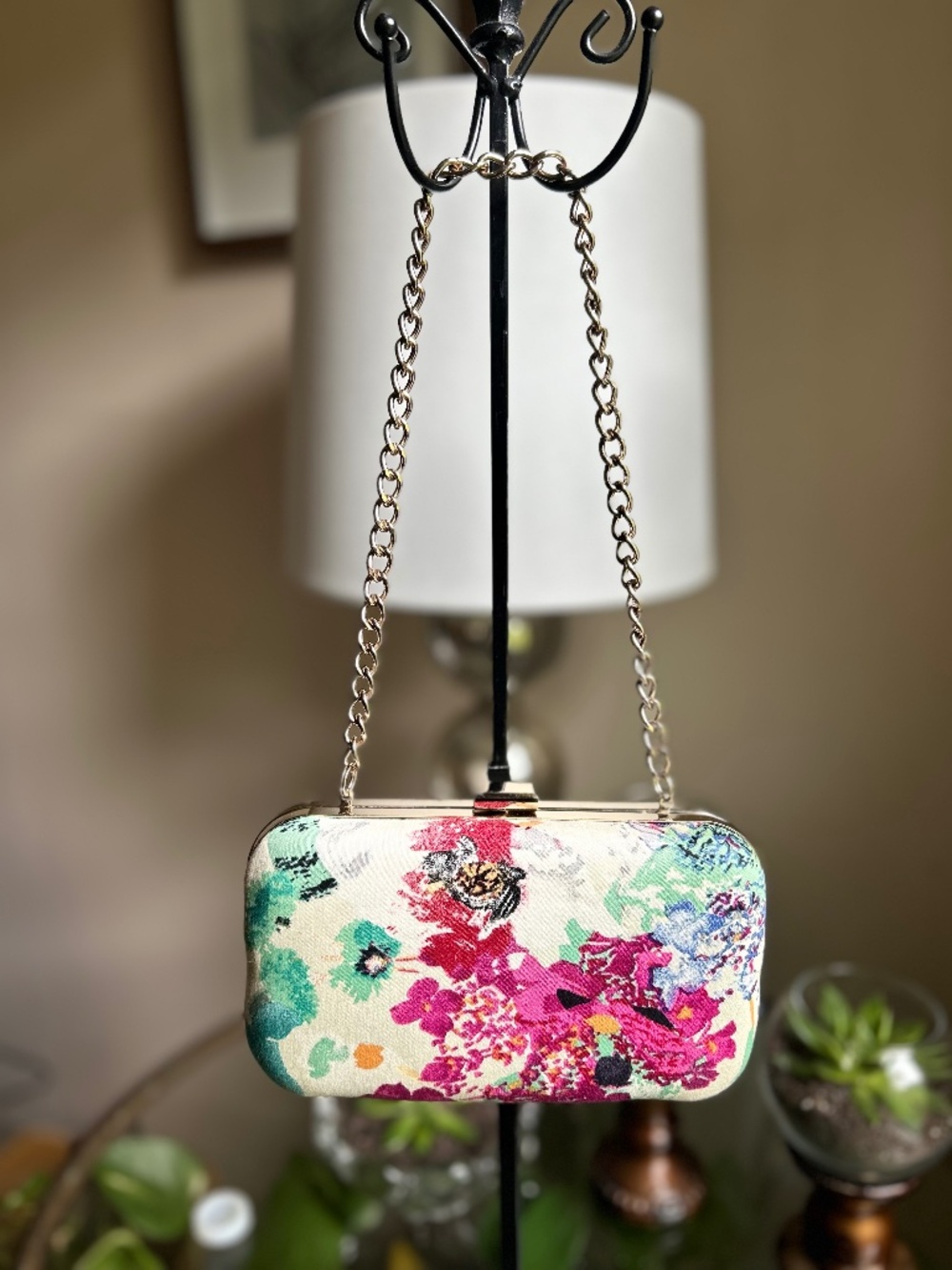 Boutique Floral Box Clutch Evening Bag Gold Chain Strap Minaudière